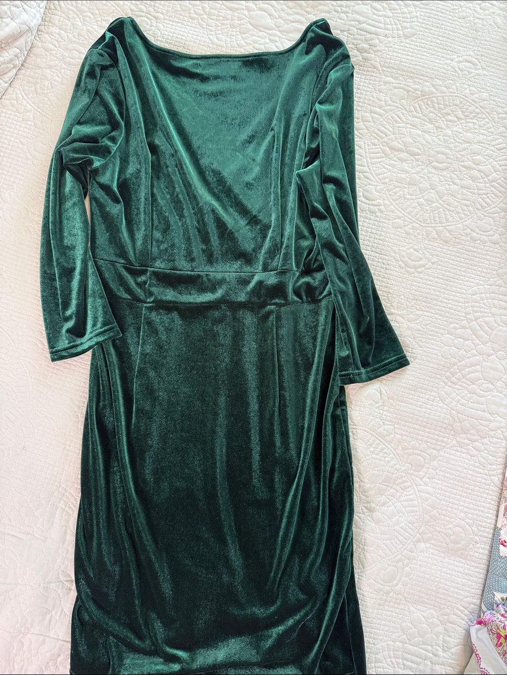 Boho Emerald Green Velvet Faux Wrap Midi Dress V Neck Romantic Goth Cottagecore - Picture 6 of 9